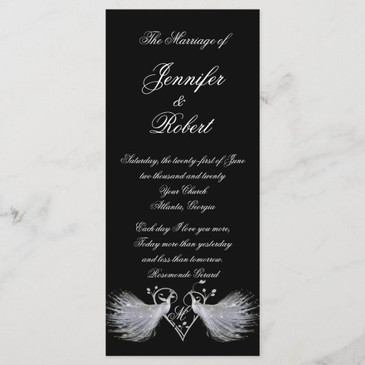 Twee witte pauwen en hart monogram programma programmakaart (Voorkant)