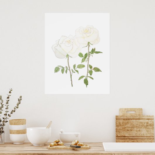 twee witte rozen inkt en waterverf 2023 poster (Keuken)