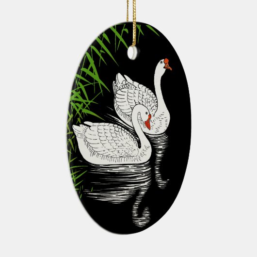 Twee witte swans op een pool -  Japans Keramisch Ornament (Rechts)