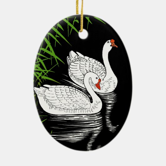 Twee witte swans op een pool -  Japans Keramisch Ornament (Achterkant)