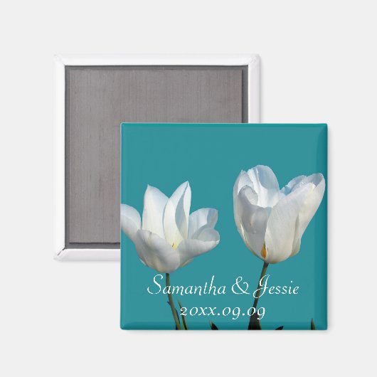 twee witte tulpbloemen, behalve de datum magneet (Voorkant / Achterkant)