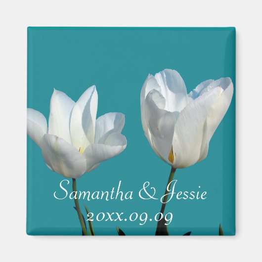 twee witte tulpbloemen, behalve de datum magneet (Voorkant)