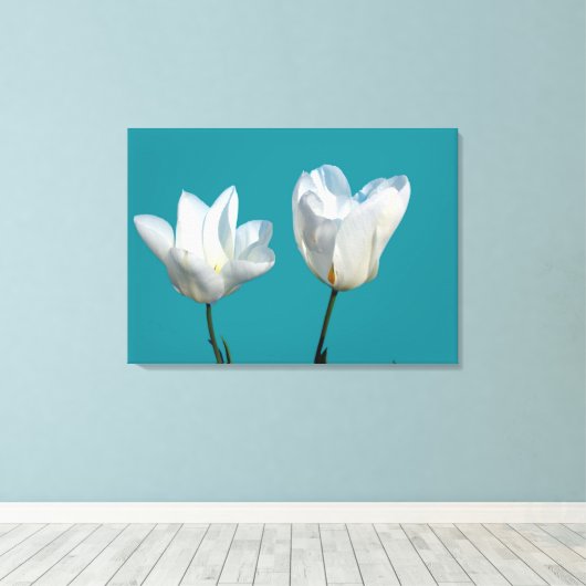 Twee witte tulpbloemen op een blauw wateroppervlak canvas afdruk (Insitu (Houten vloer))