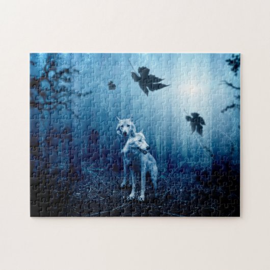 Twee witte wolven in het wild bos legpuzzel (Horizontaal)