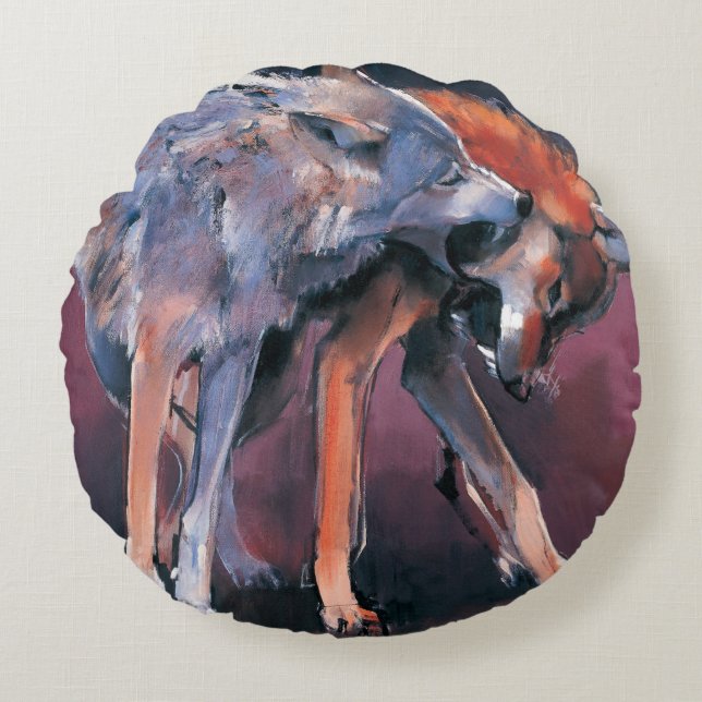 Twee Wolven 2001 Rond Kussen (Voorkant)