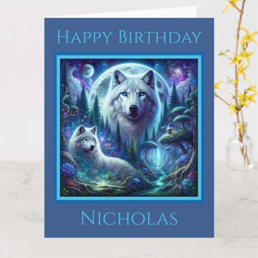 Twee Wolven in een Fantasy World Birthday Kaart (Gele Bloem)