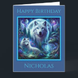 Twee Wolven in een Fantasy World Birthday Kaart<br><div class="desc">Een mystieke fantasiewereld wacht met twee witte wolven. Een perfecte verjaardagskaart voor tienerjongens of mannen die van wouden en bergen houden.</div>