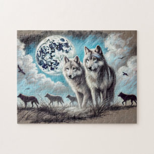 Twee wolven in maanlicht met roedel legpuzzel