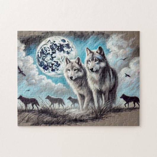 Twee wolven in maanlicht met roedel legpuzzel (Horizontaal)