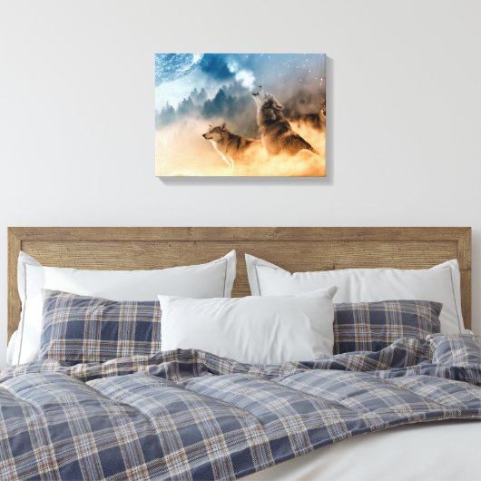 Twee wolven trekken op volle maan in het bos canvas afdruk (Insitu (Slaapkamer))