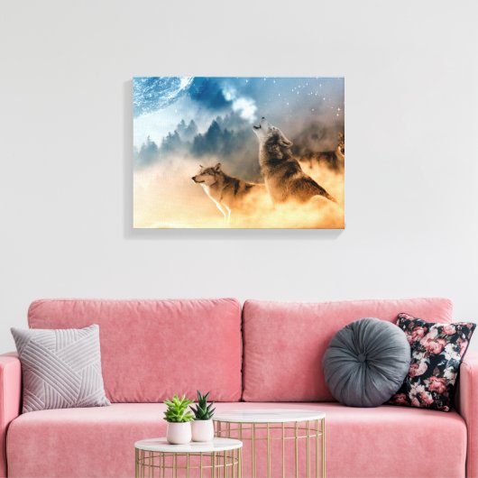 Twee wolven trekken op volle maan in het bos canvas afdruk (Insitu (Woonkamer))