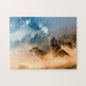 Twee wolven trekken op volle maan in het bos legpuzzel (Horizontaal)