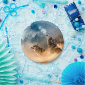 Twee wolven trekken op volle maan in het bos papieren bordje (Feest)