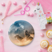 Twee wolven trekken op volle maan in het bos papieren bordje (Feest)