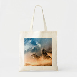Twee wolven trekken op volle maan in het bos tote bag