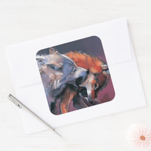 Twee Wolven Vierkante Sticker (Envelop)