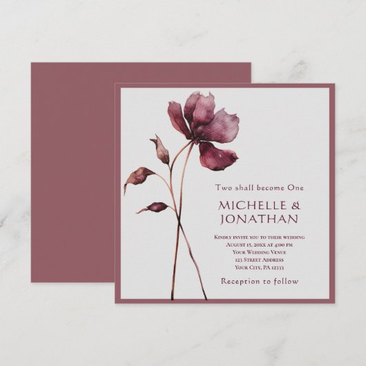 Twee worden een Bourgondische bloem moderne bruilo Kaart (Voorkant / Achterkant)