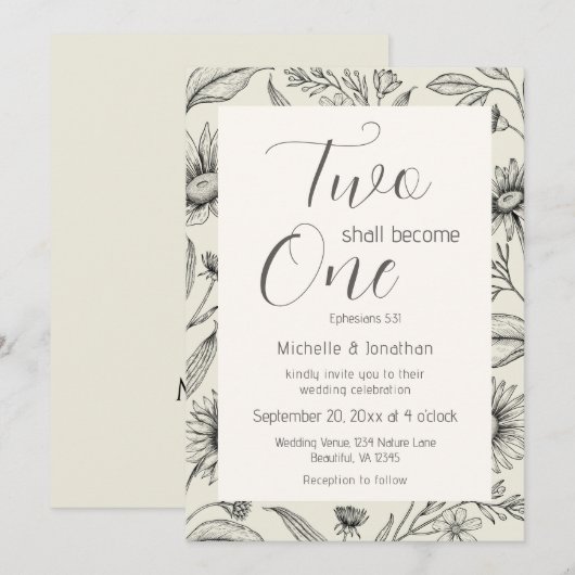 Twee worden één eenvoudige bloemenbruiloft kaart (Voorkant / Achterkant)