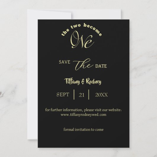 Twee worden één Gold Script Black Save-the-Date Kaart (Voorkant)