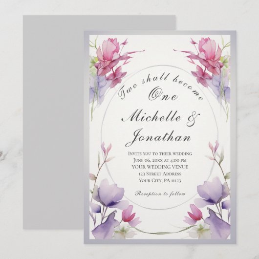 Twee worden een lavendel roze bloemenbruiloft kaart (Voorkant / Achterkant)
