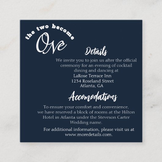 Twee worden één marineblauw informatiekaartje (Voorkant)