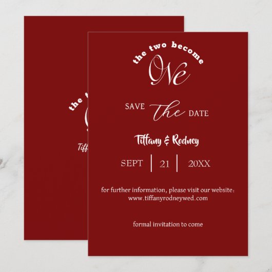 Twee worden één wit script Bourgondië Save-the-Dat Kaart (Voorkant / Achterkant)