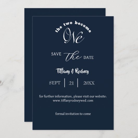 Twee worden één wit script Navy Save-the-Date Kaart (Voorkant / Achterkant)