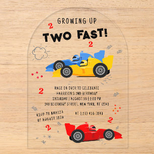 Twee Worden Gaat Snel 2e Verjaardag Raceauto's Acryl Uitnodigingen