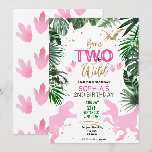Twee worden wild dinosaurus roze verjaardagsfeestj kaart (Voorkant / Achterkant)