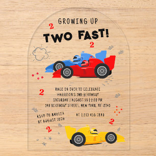 Twee Wordt Te Vlug 2e Verjaardagsraceauto's Acryl Uitnodigingen