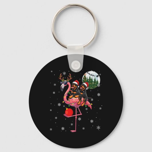 Twee Xmas Rottweilers Rijdend Flamingo Rendier Gez Sleutelhanger (Voorkant)