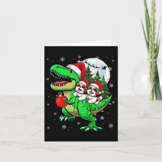 Twee Xmas Shih Tzus Riding T-rex Rendier Lover Kin Kaart (Voorkant)