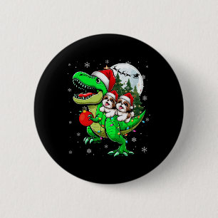 Twee Xmas Shih Tzus Riding T-rex Rendier Lover Kin Ronde Button 5,7 Cm