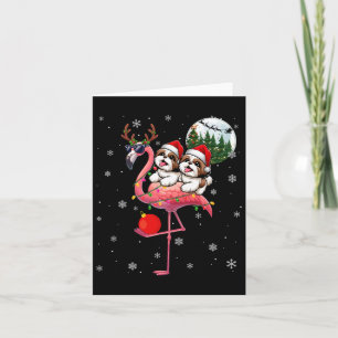 Twee Xmas Shih Tzus Rijden Flamingo Rendier Single Kaart