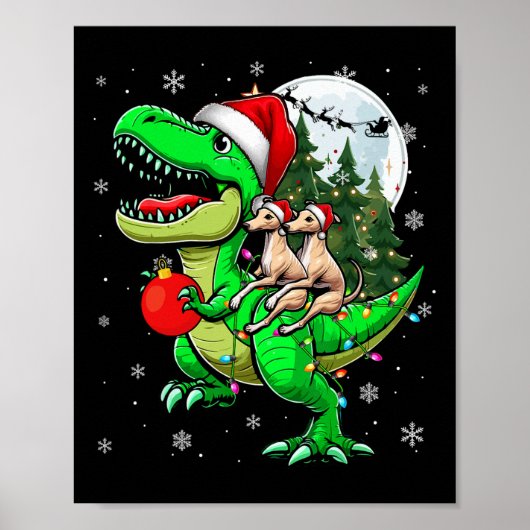 Twee Xmas Whippets Rijden T-rex Rendier Lover Kind Poster (Voorkant)