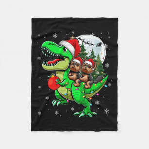 Twee Xmas Yorkshire Terriers rijden op T-rex rendi Fleece Deken