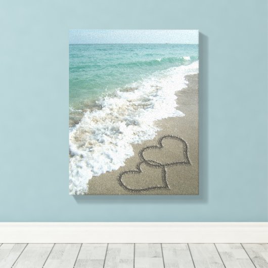 Twee zand harten op de strand, de Romantische Ocea Canvas Afdruk (Insitu (Houten vloer))