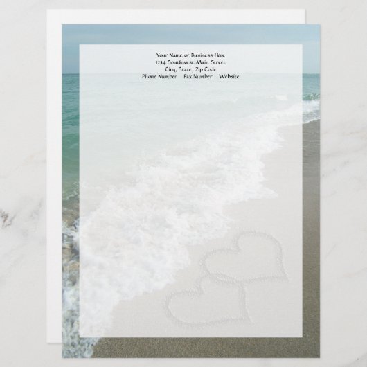 Twee zand harten op de strand, de Romantische Ocea Persoonlijk Briefhoofd (Voorkant / Achterkant)