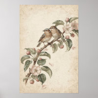 Twee zangvogels op appelbloesem Botanische Poster