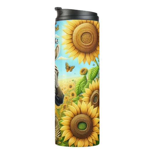 Twee zebra's in een zonnebloemveld thermosbeker (Geroteerd rechts)