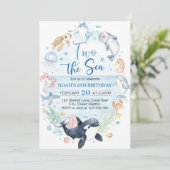 Twee Zee Ocean Animals Kids Verjaardagsuitnodiging Kaart (Staand voorkant)