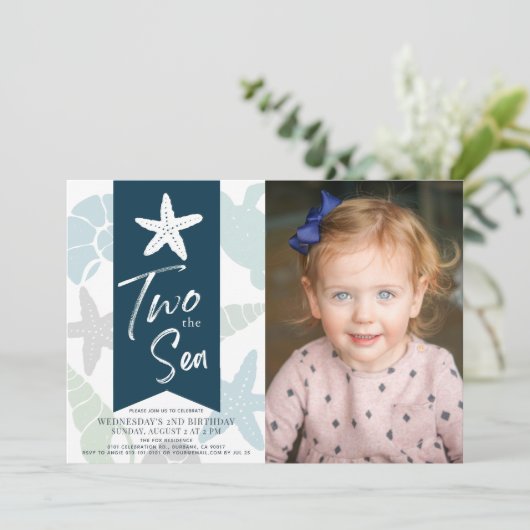 Twee Zee Starfish Navy Blue 2e verjaardag Foto Kaart (Staand voorkant)
