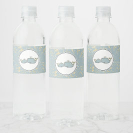 Twee zee walvissen Blauw & Goud Boetiek baby showe Waterfles Etiket