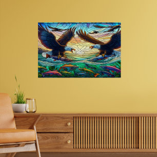 Twee zeearenden vangen vis over een levendige rivi poster