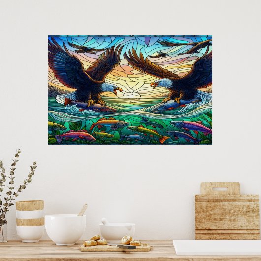 Twee zeearenden vangen vis over een levendige rivi poster (Keuken)