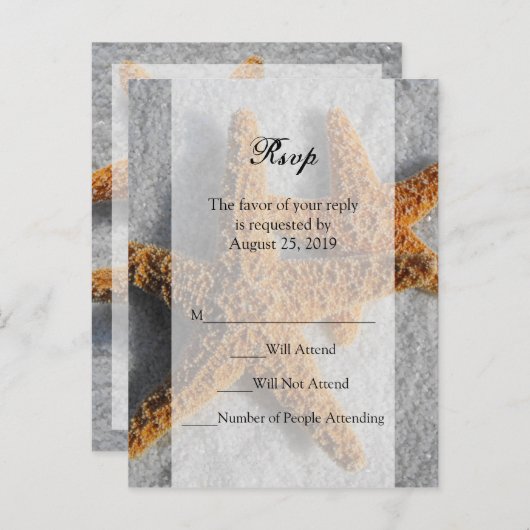 Twee Zeester & Zand, Strand Bruiloft RSVP Antwoord Uitnodiging Briefkaart (Voorkant / Achterkant)