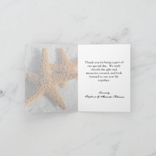 Twee Zeesterren in het Zand, Strand Bruiloft Bedankkaart (Binnen)