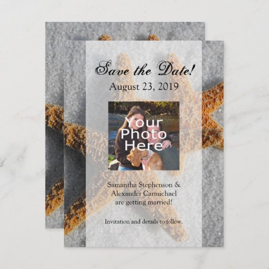 Twee Zeesterren in het Zand, Strand Bruiloft Save The Date (Voorkant / Achterkant)