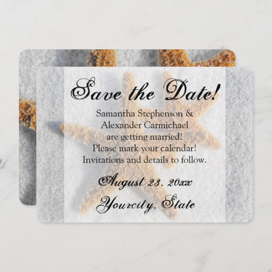 Twee Zeesterren Zand, Strand Save-the-date Kaart (Voorkant / Achterkant)