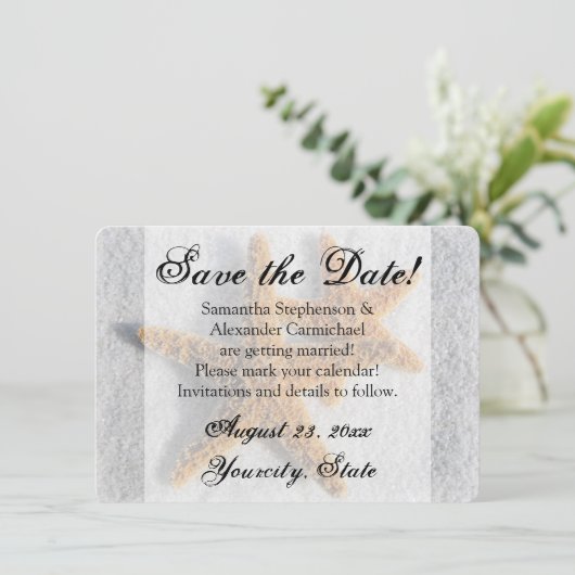 Twee Zeesterren Zand, Strand Save-the-date Kaart (Staand voorkant)